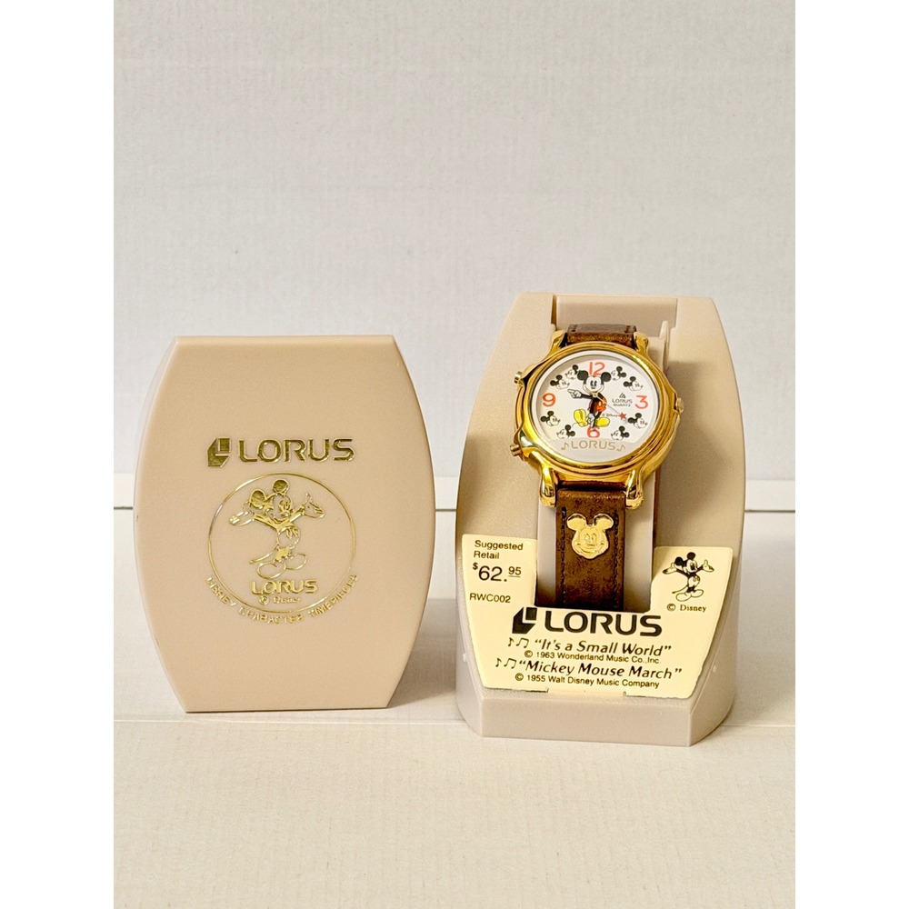 Lorus Disney Mickey Mouse Musical Watch RWC002 Gold Tone Leather Boxed Vintage